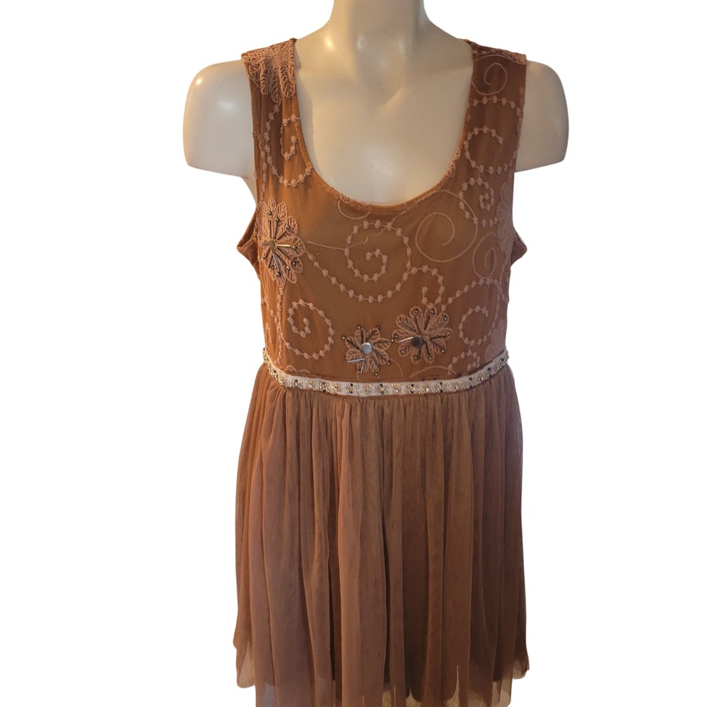 a reve‎ Embellished beaded Tulle Dress Brown Sleeveless Scoop Neck Midi formal